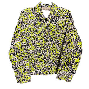 Lifestyle Shirt Jacket Womens Size Large Lime Brown White Leaf Animal Print Boho